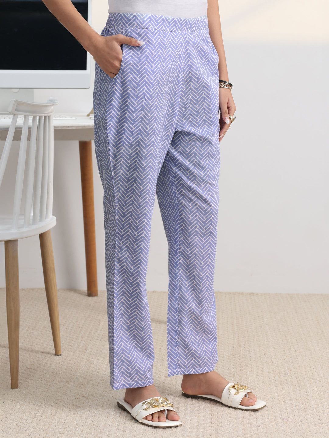 Blue Floral Printed Cotton Blend A-Line Kurta Set