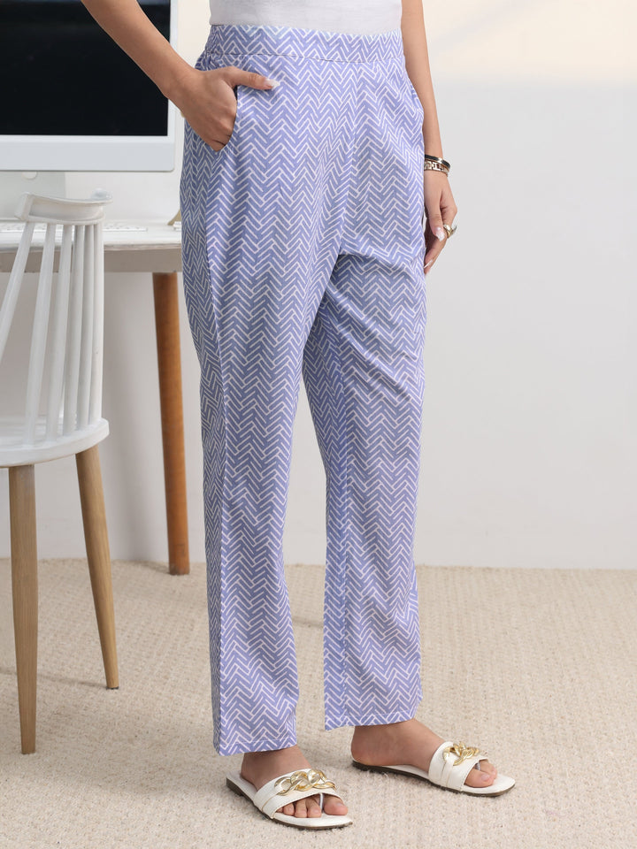 Blue Floral Printed Cotton Blend A-Line Kurta Set