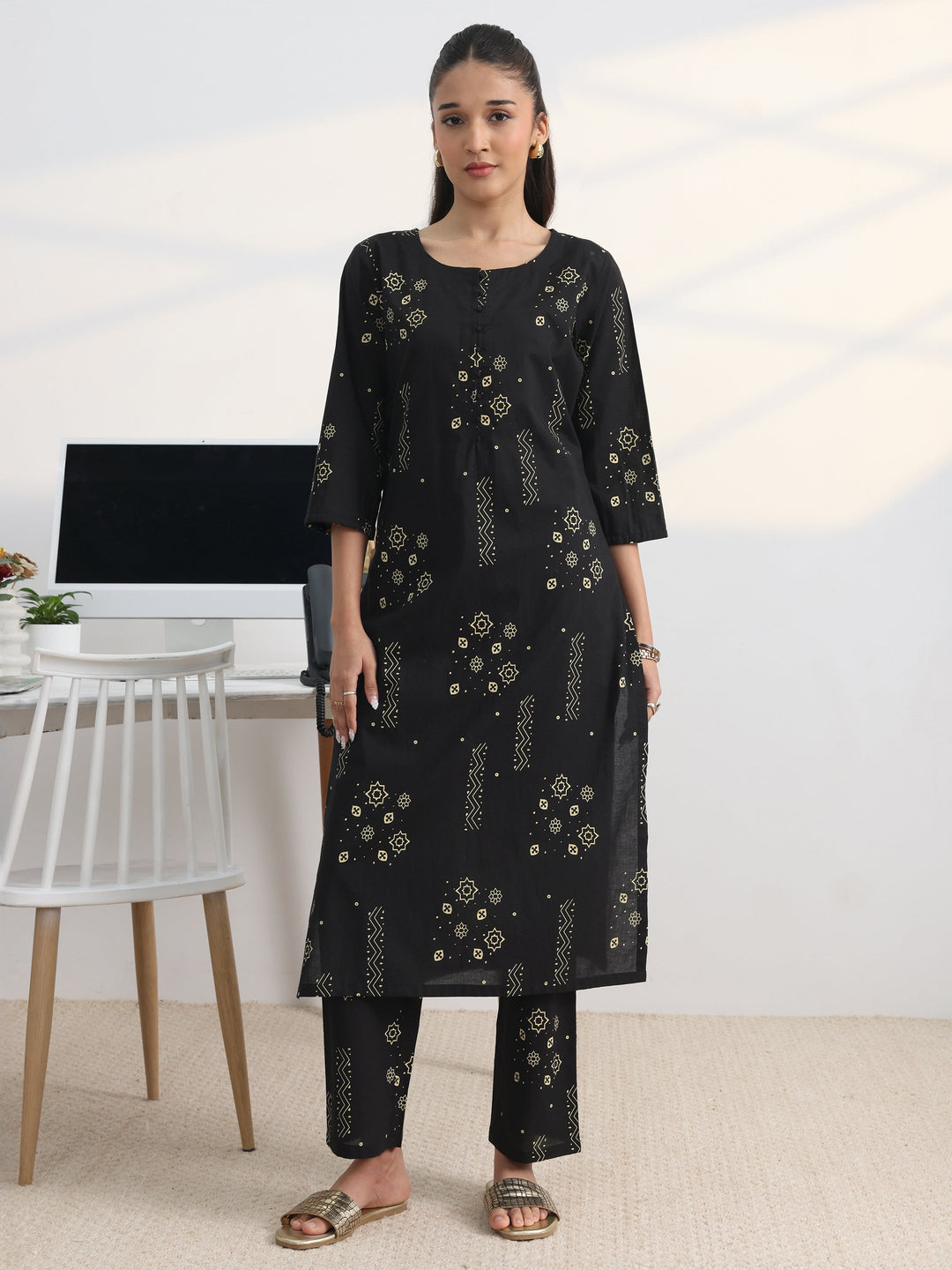 Black Printed Cotton Blend Straight Kurta Set