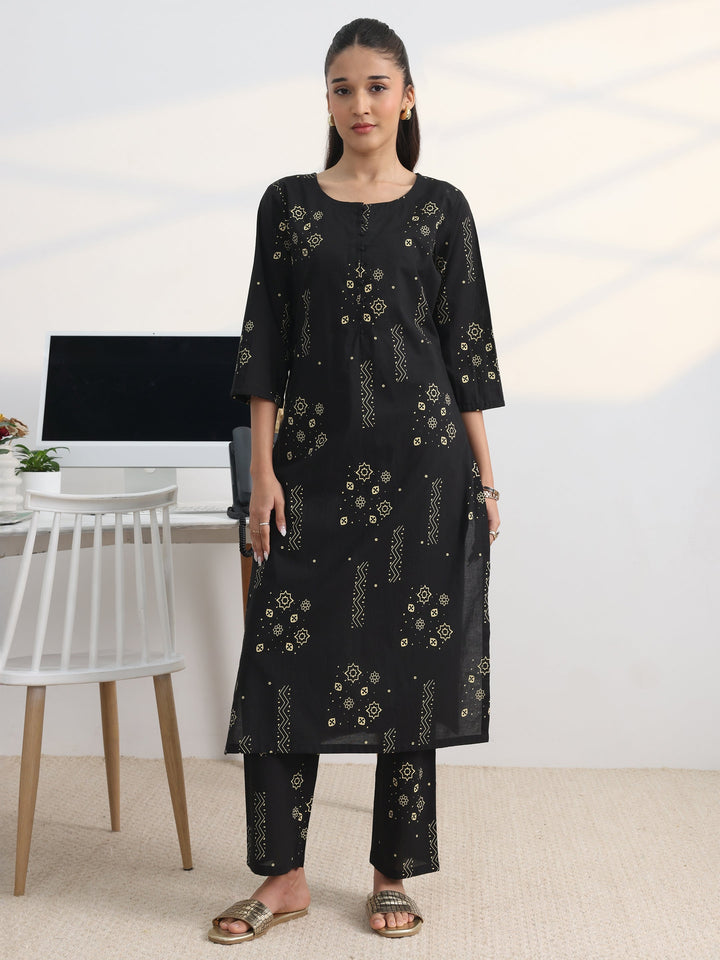 Black Printed Cotton Blend Straight Kurta Set