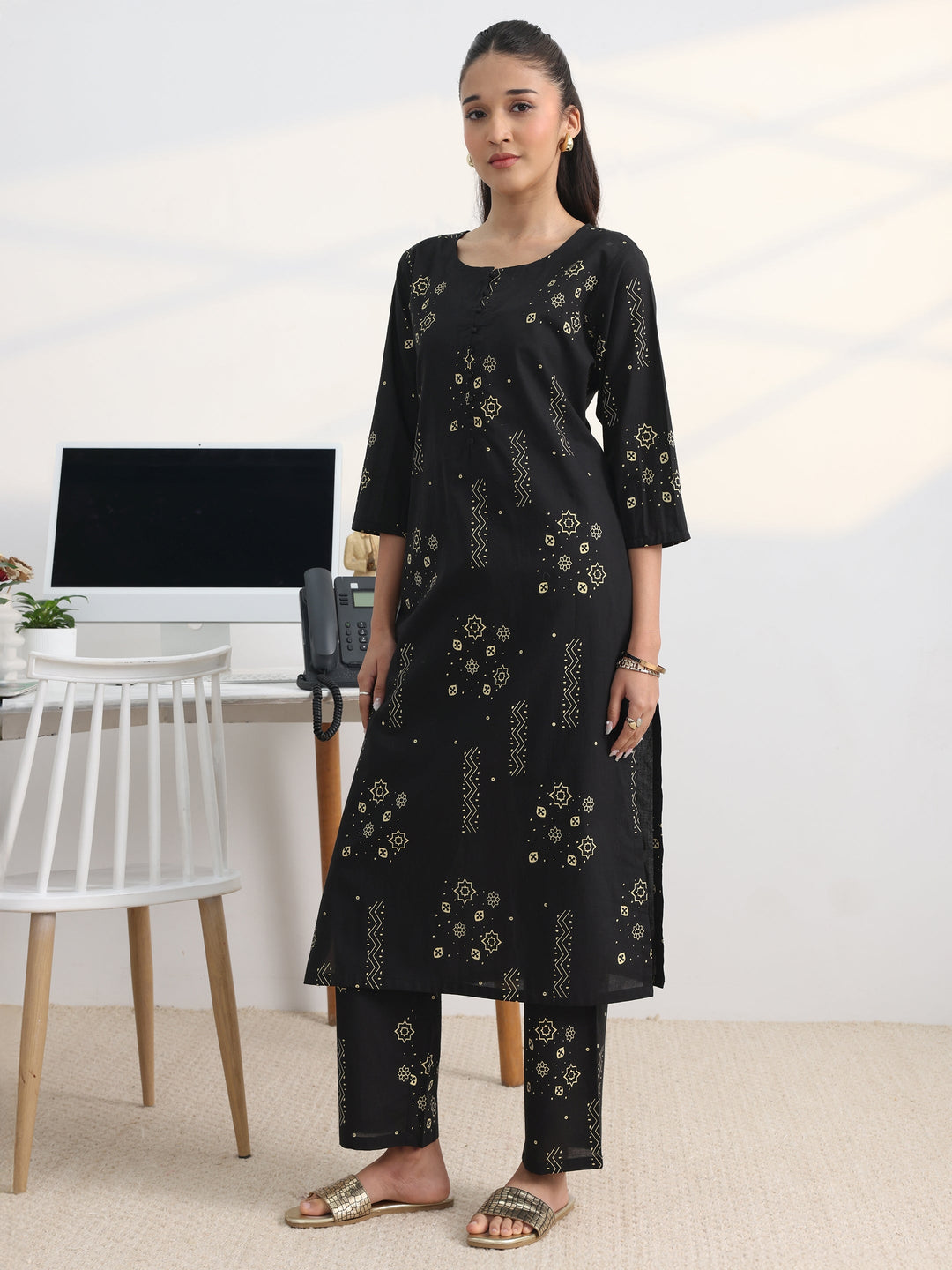 Black Printed Cotton Blend Straight Kurta Set