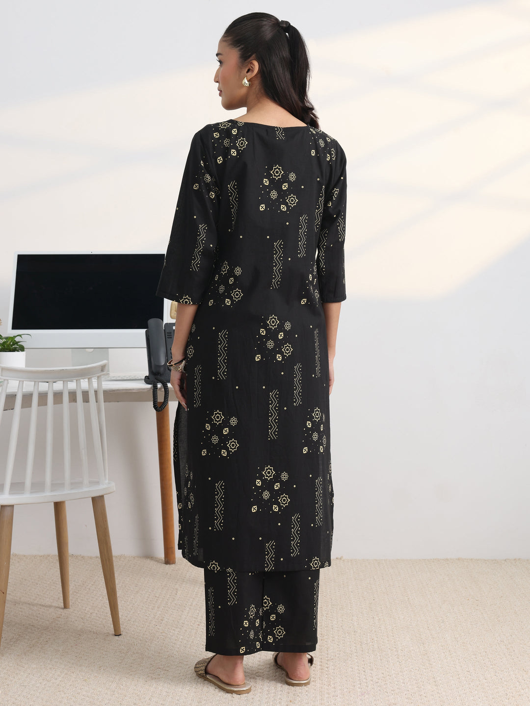 Black Printed Cotton Blend Straight Kurta Set