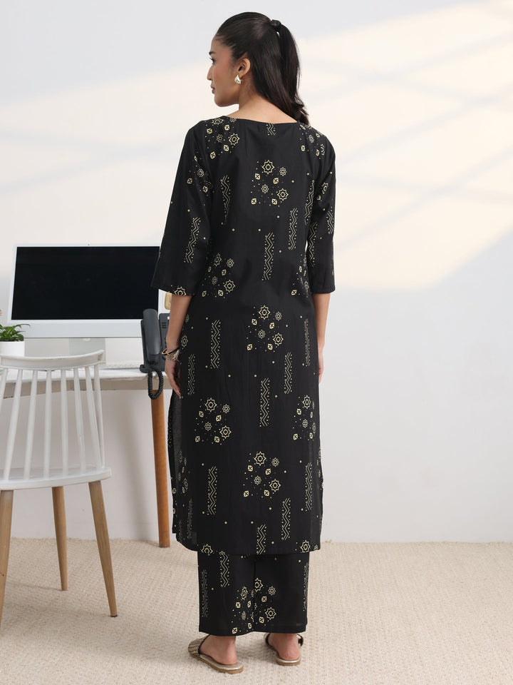 Black Printed Cotton Blend Straight Kurta Set