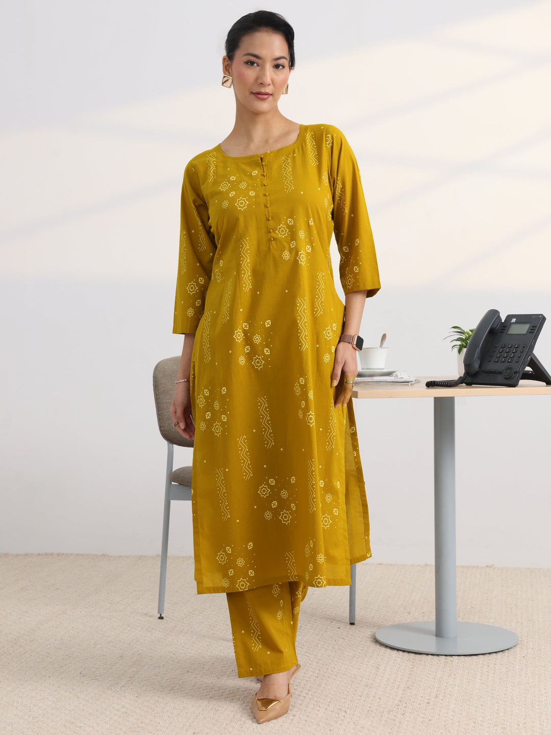 Mustard Printed Cotton Blend Straight Kurta Set