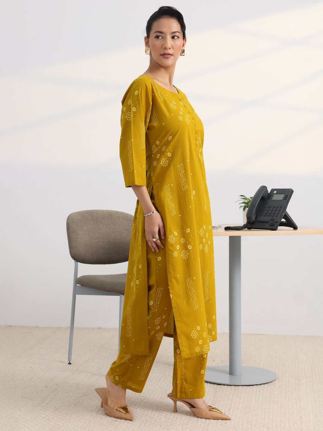 Mustard Printed Cotton Blend Straight Kurta Set