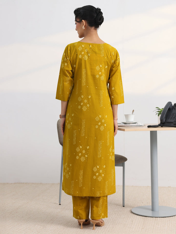Mustard Printed Cotton Blend Straight Kurta Set