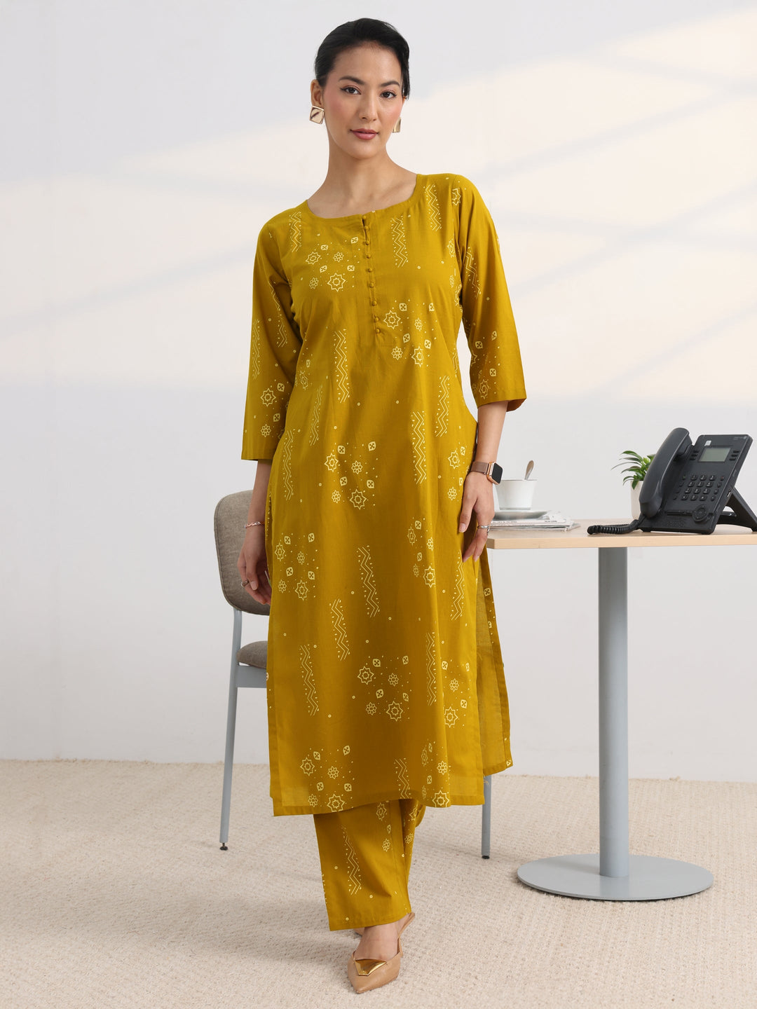 Mustard Printed Cotton Blend Straight Kurta Set