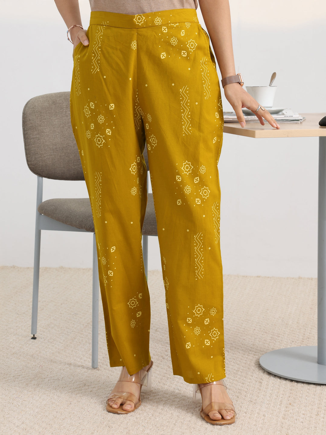 Mustard Printed Cotton Blend Straight Kurta Set
