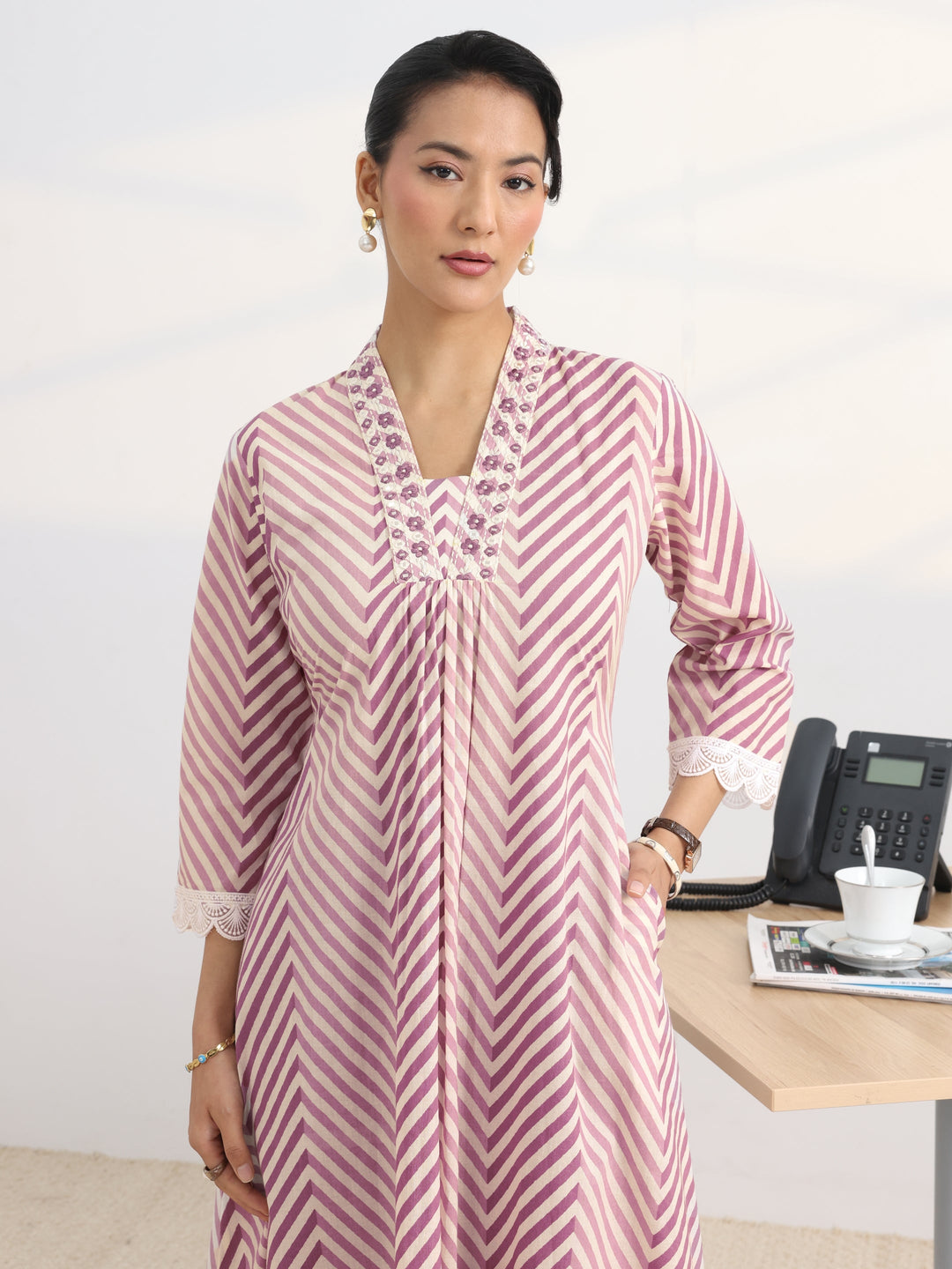 Purple Chevron Printed Cotton Blend A-Line Kurta Set