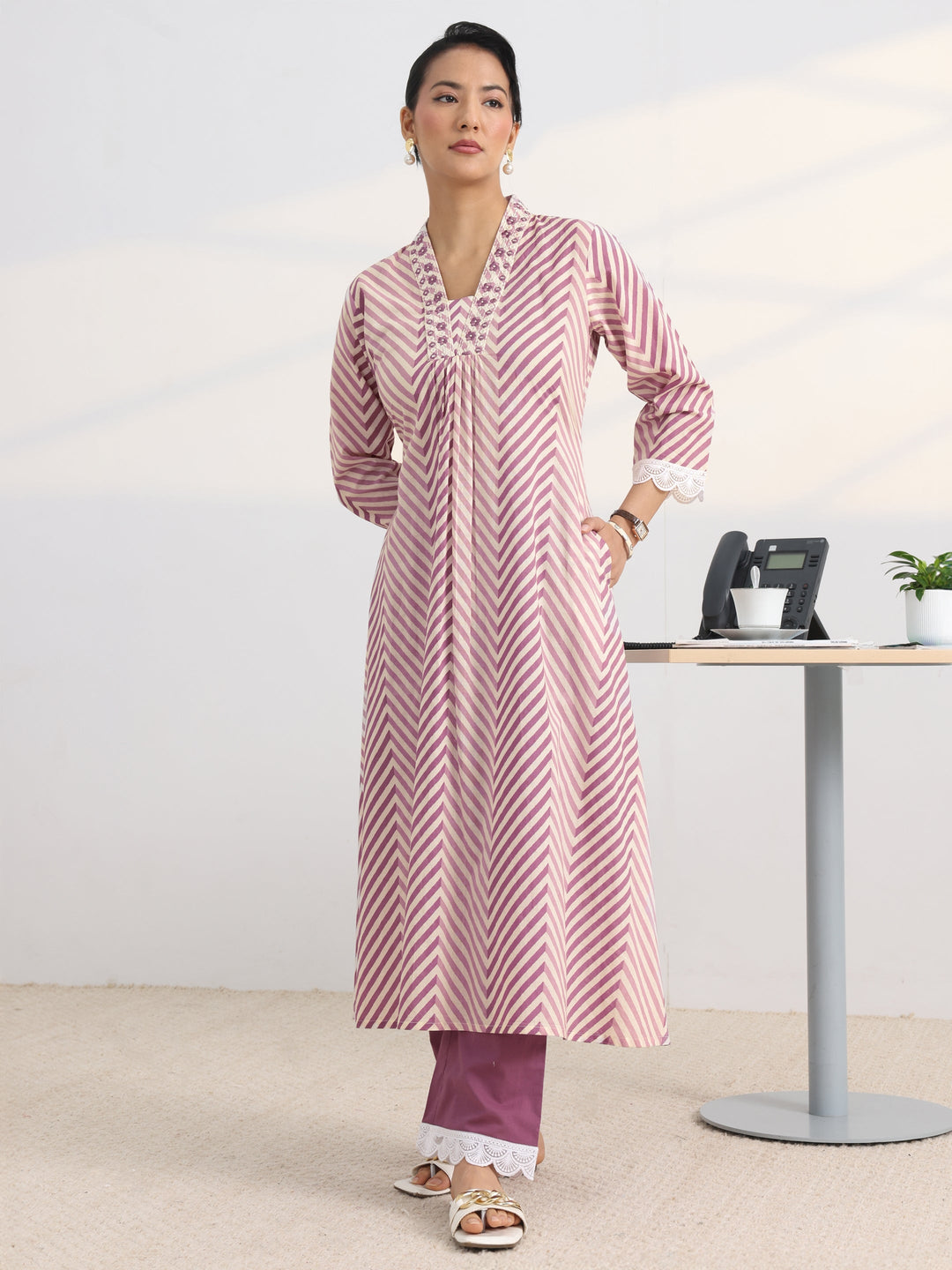 Purple Chevron Printed Cotton Blend A-Line Kurta Set