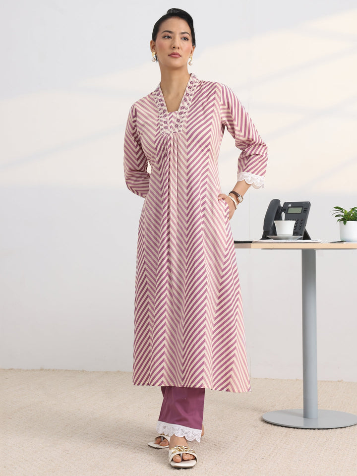 Purple Chevron Printed Cotton Blend A-Line Kurta Set
