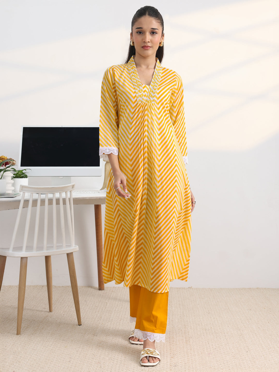 Yellow Chevron Printed Cotton Blend A-Line Kurta Set