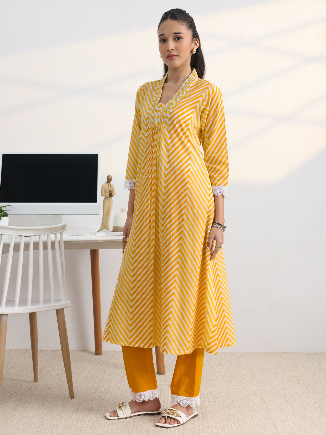 Yellow Chevron Printed Cotton Blend A-Line Kurta Set