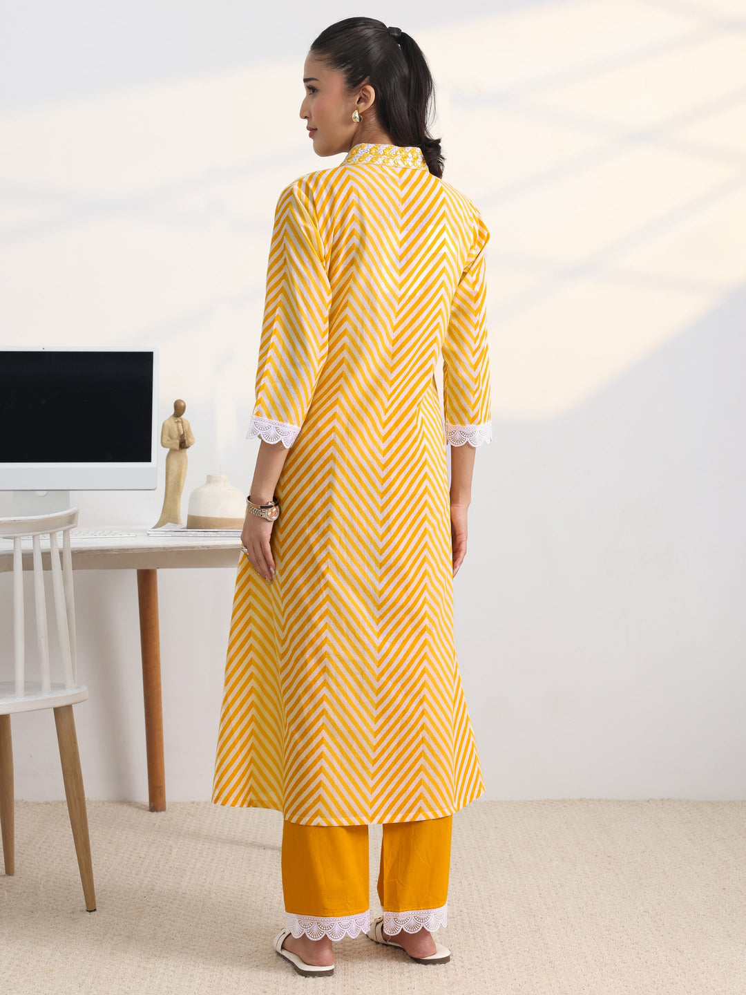 Yellow Chevron Printed Cotton Blend A-Line Kurta Set