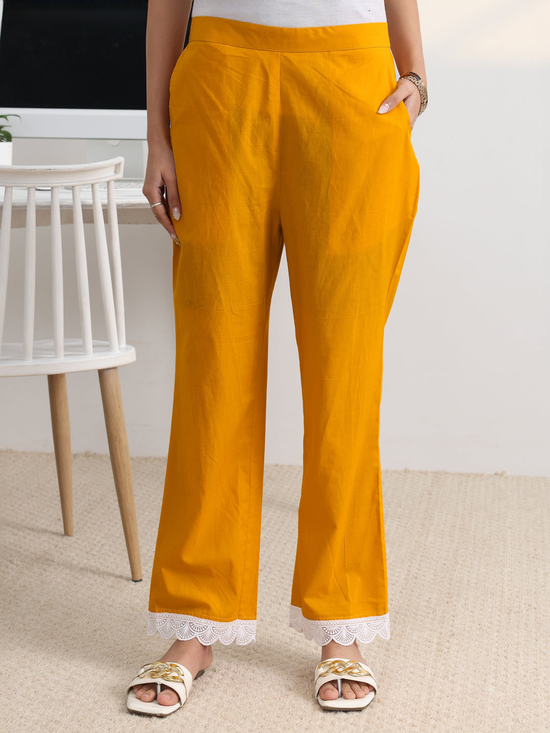 Yellow Chevron Printed Cotton Blend A-Line Kurta Set