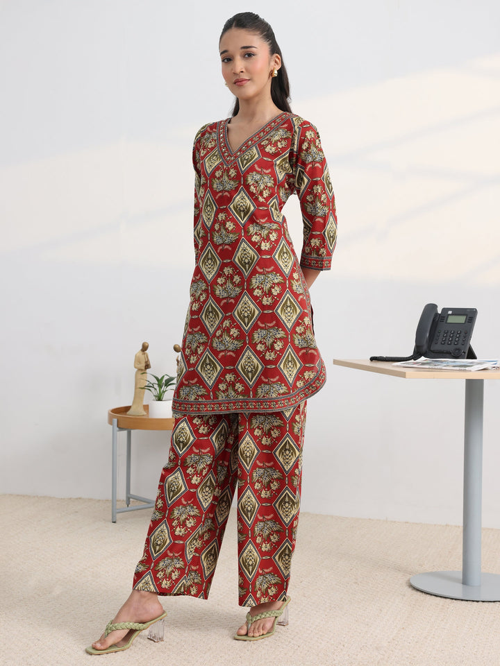Red Floral Printed Cotton Blend Straight Kurta Set