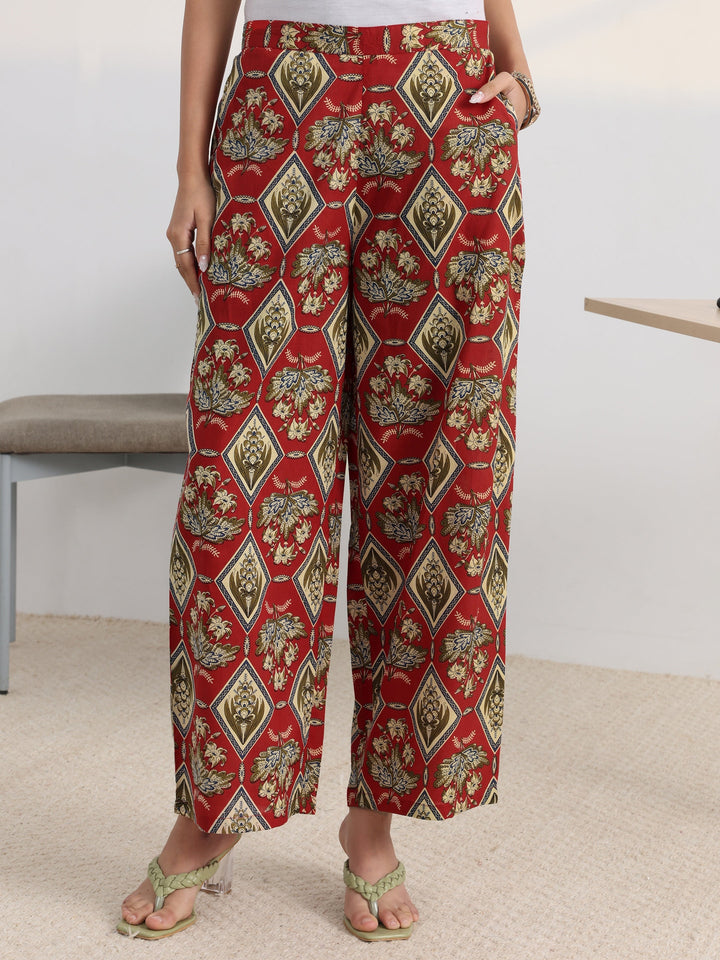 Red Floral Printed Cotton Blend Straight Kurta Set