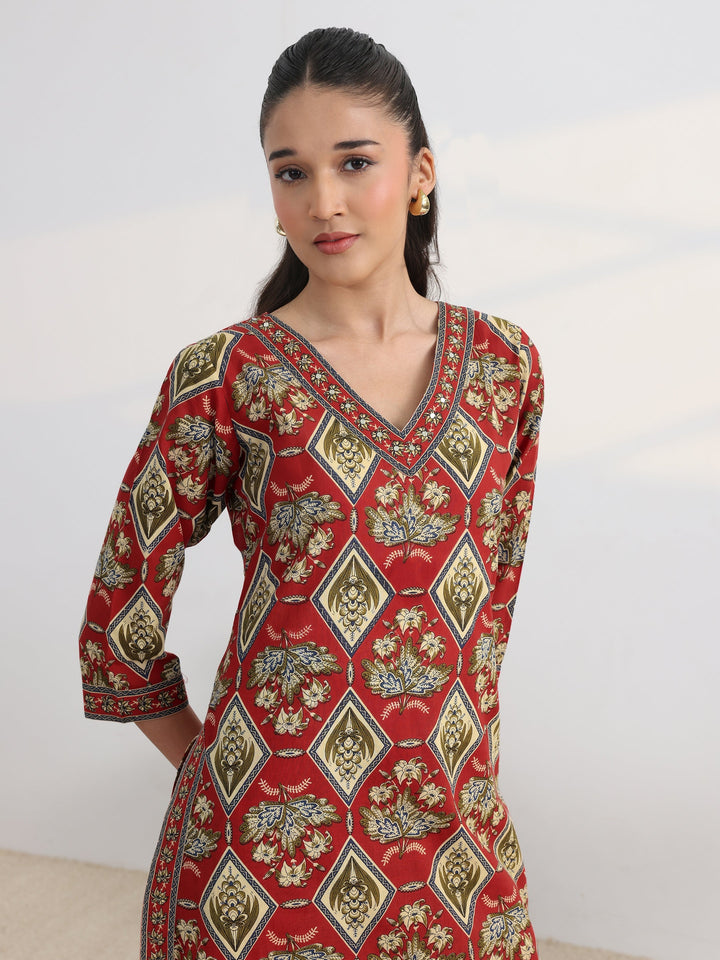 Red Floral Printed Cotton Blend Straight Kurta Set
