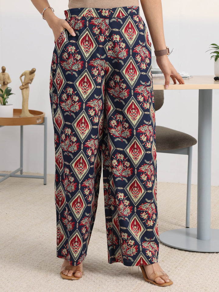 Blue Floral Printed Cotton Blend Straight Kurta Set