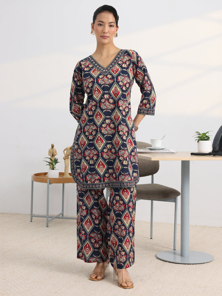 Blue Floral Printed Cotton Blend Straight Kurta Set