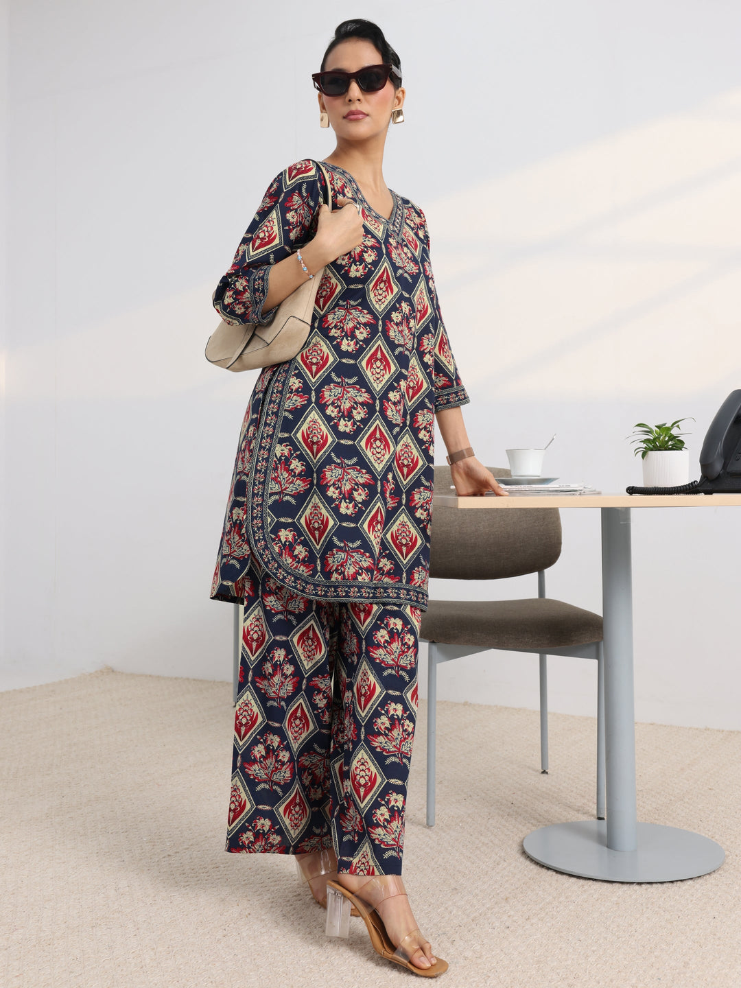Blue Floral Printed Cotton Blend Straight Kurta Set