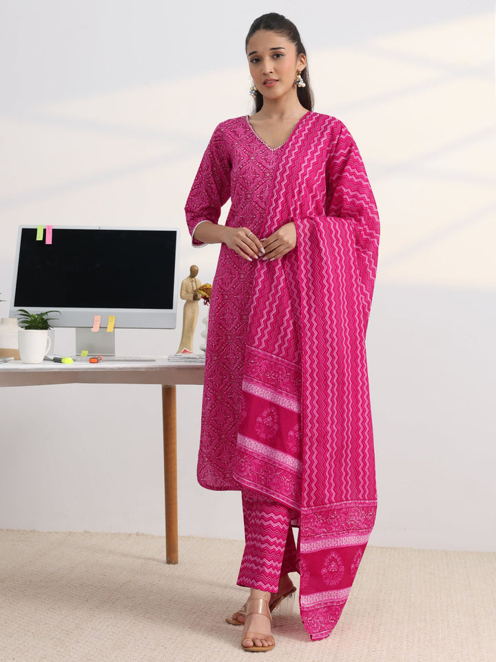 Pink Printed Cotton Blend Straight Suit Set With Dupatta