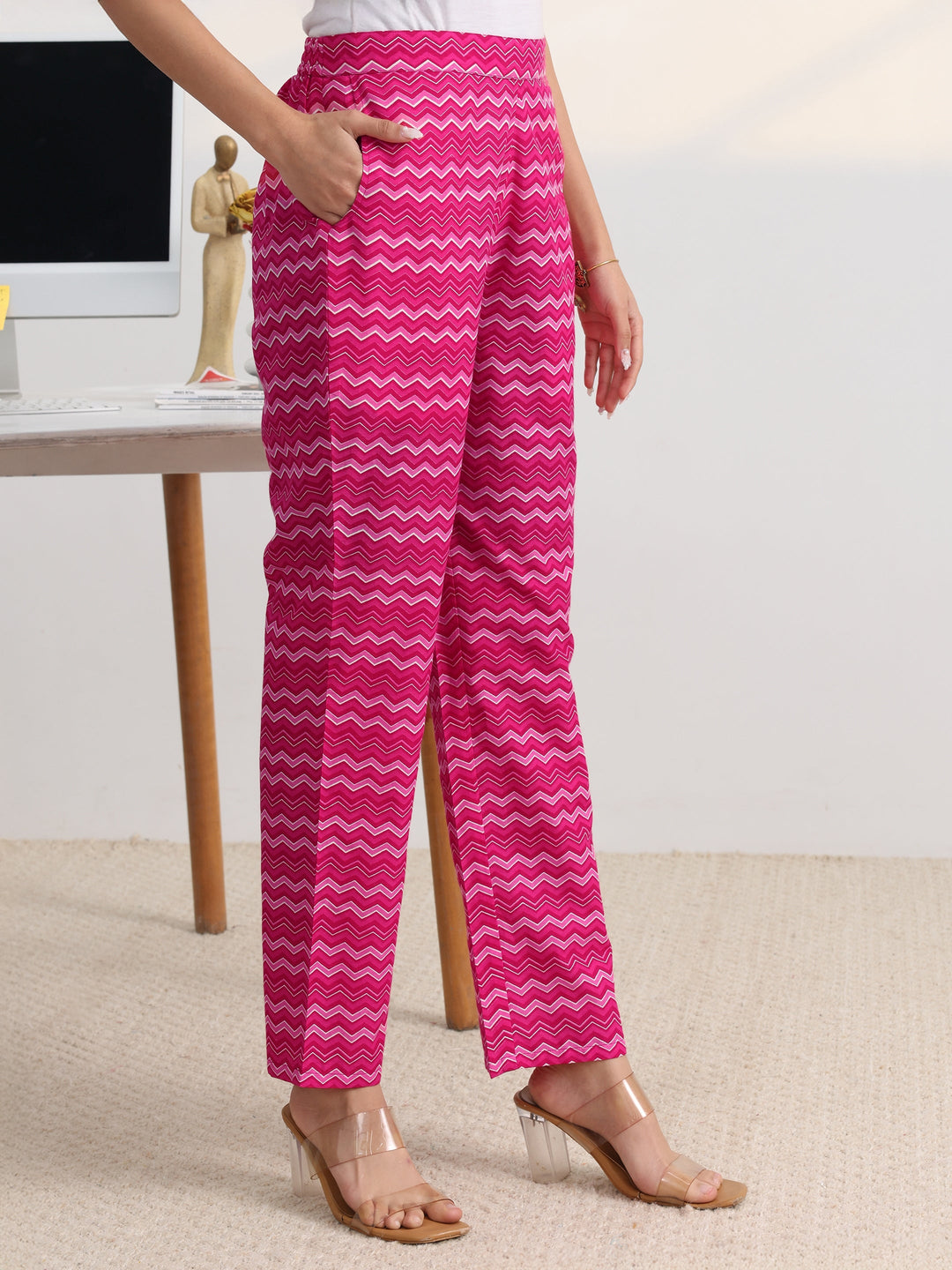 Pink Printed Cotton Blend Straight Suit Set With Dupatta