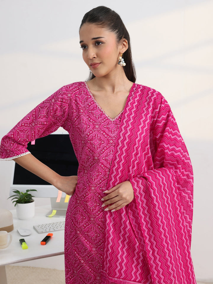 Pink Printed Cotton Blend Straight Suit Set With Dupatta