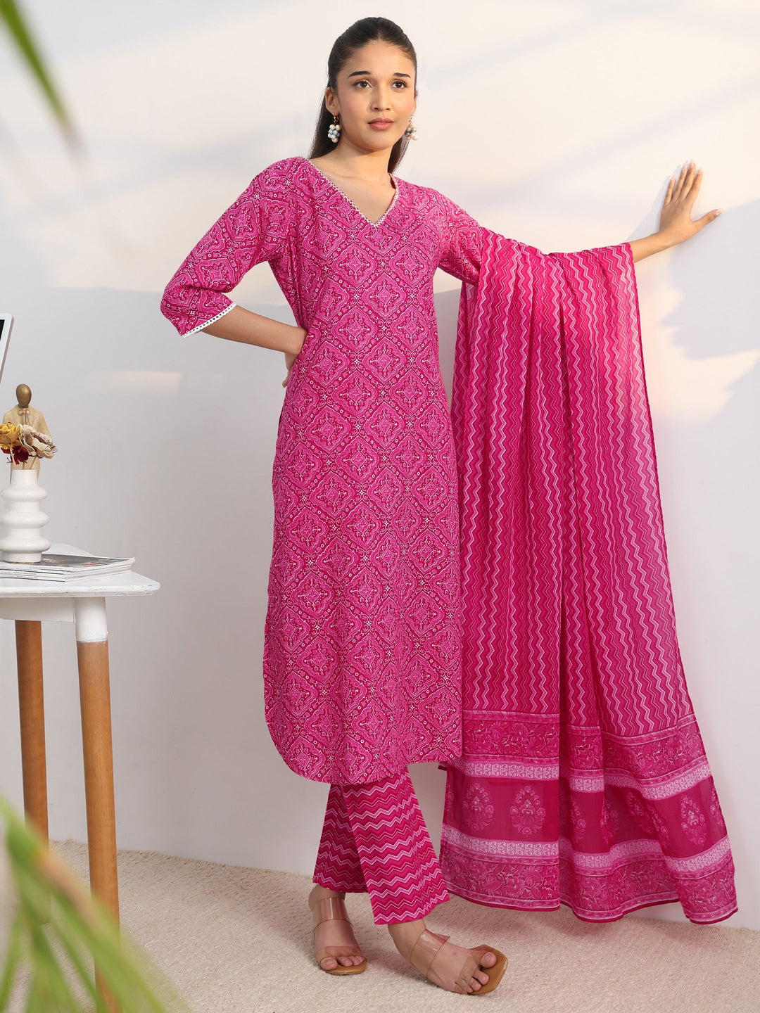 Pink Printed Cotton Blend Straight Suit Set With Dupatta