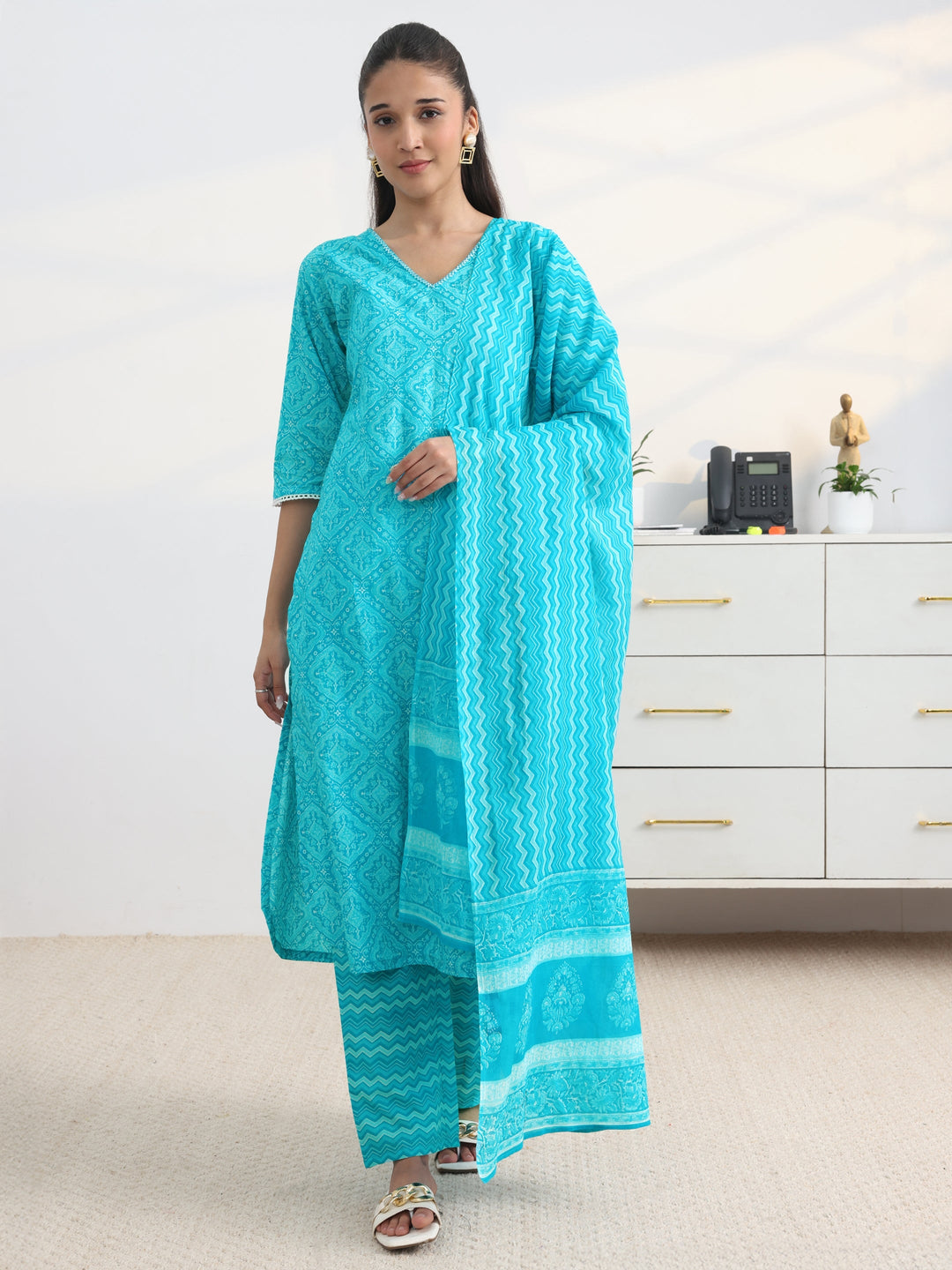 Blue Ethnic Printed Cotton Blend Straight Suit Set With Dupatta
