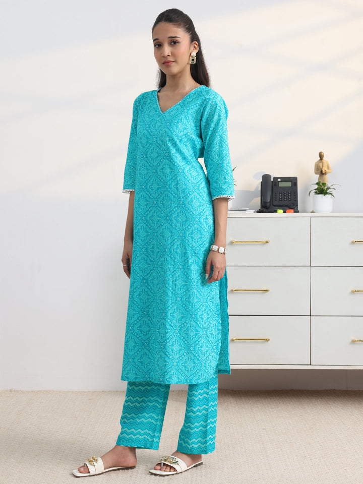 Blue Ethnic Printed Cotton Blend Straight Suit Set With Dupatta