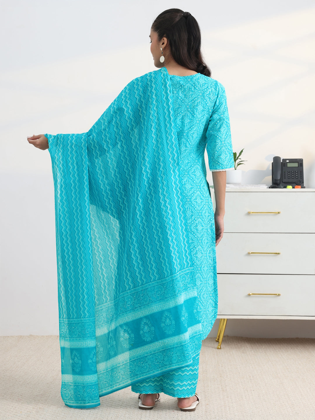Blue Ethnic Printed Cotton Blend Straight Suit Set With Dupatta