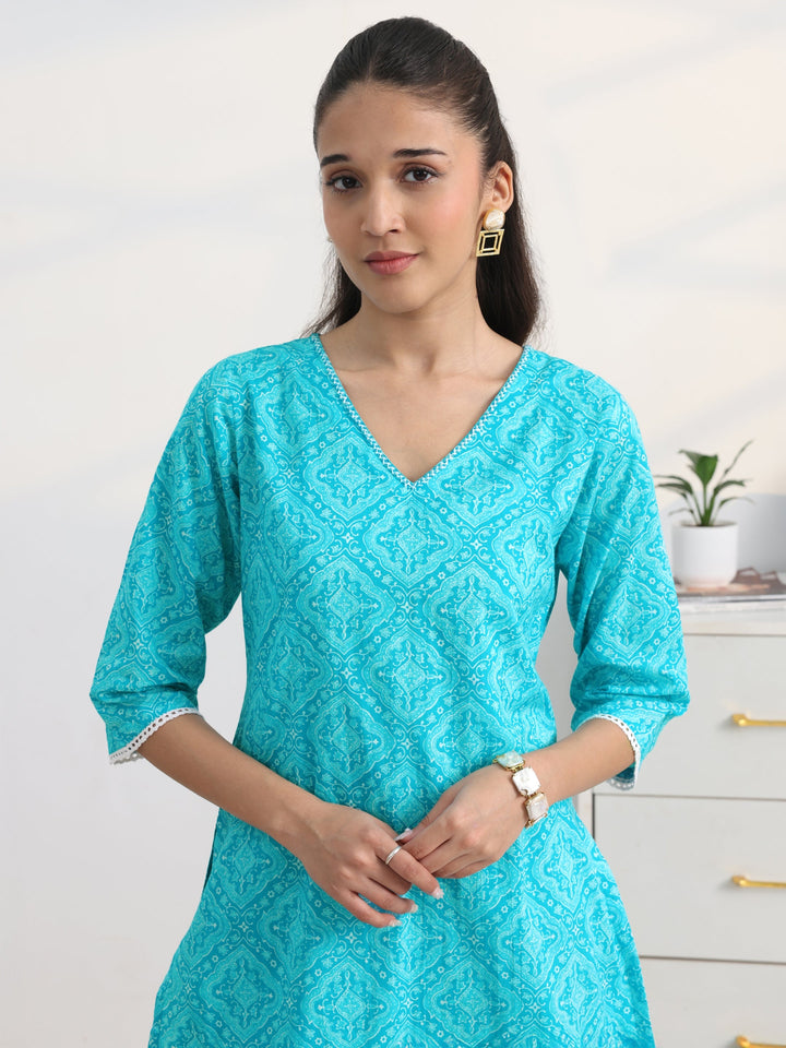 Blue Ethnic Printed Cotton Blend Straight Suit Set With Dupatta