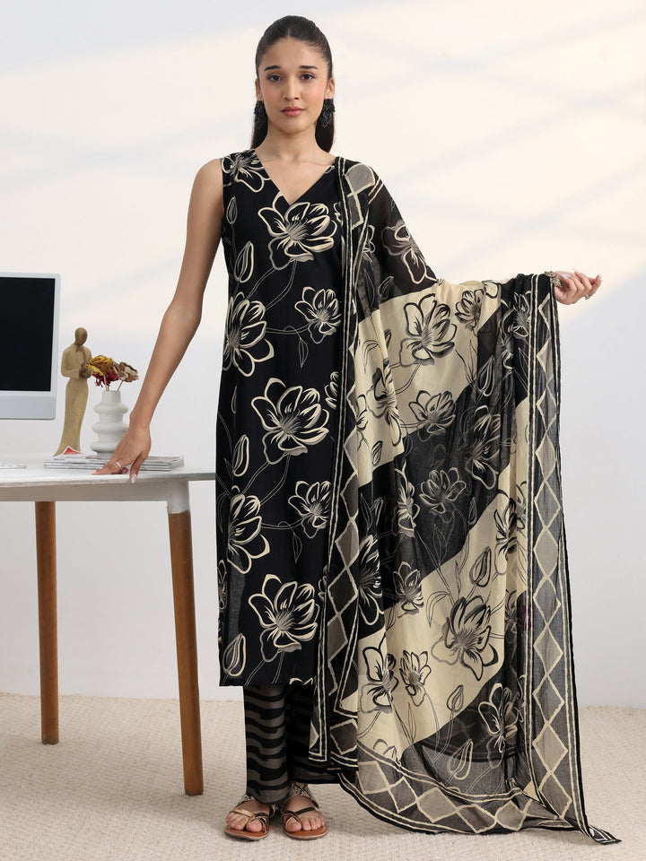 Black Floral Printed Cotton Blend Straight Suit Set With Dupatta