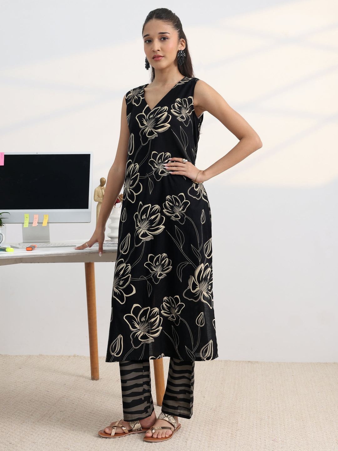 Black Floral Printed Cotton Blend Straight Suit Set With Dupatta