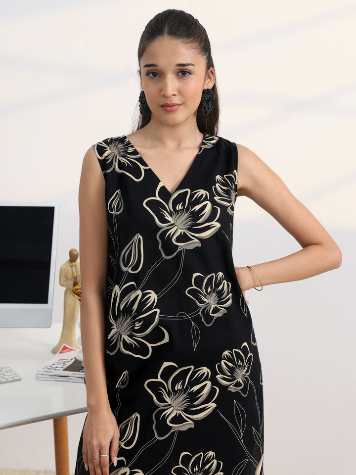 Black Floral Printed Cotton Blend Straight Suit Set With Dupatta