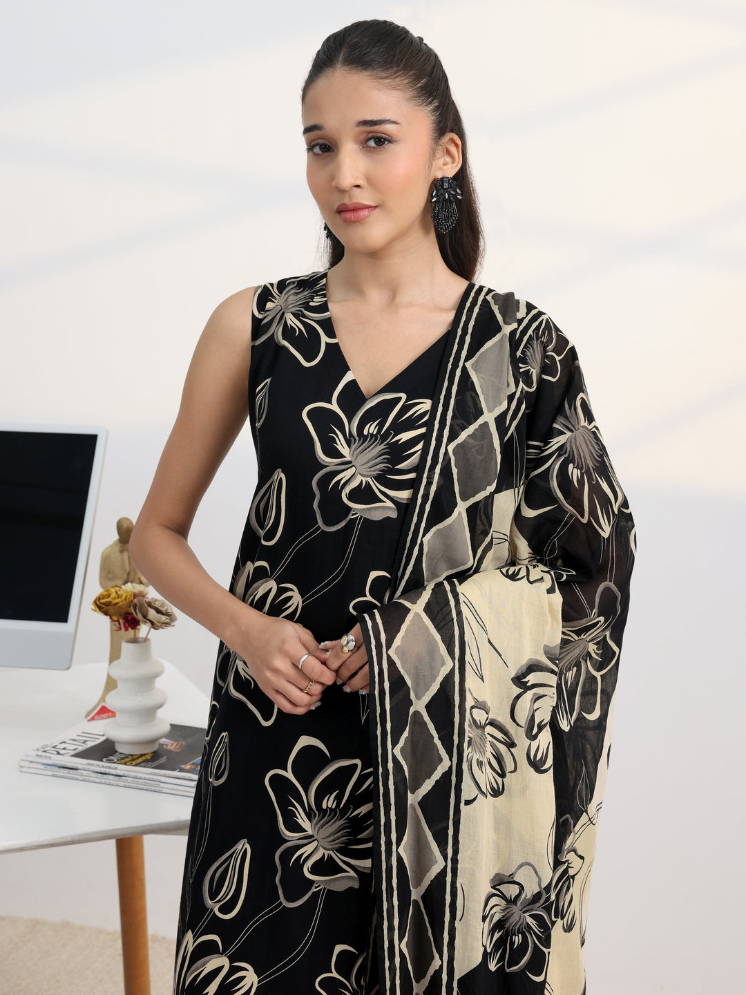 Black Floral Printed Cotton Blend Straight Suit Set With Dupatta