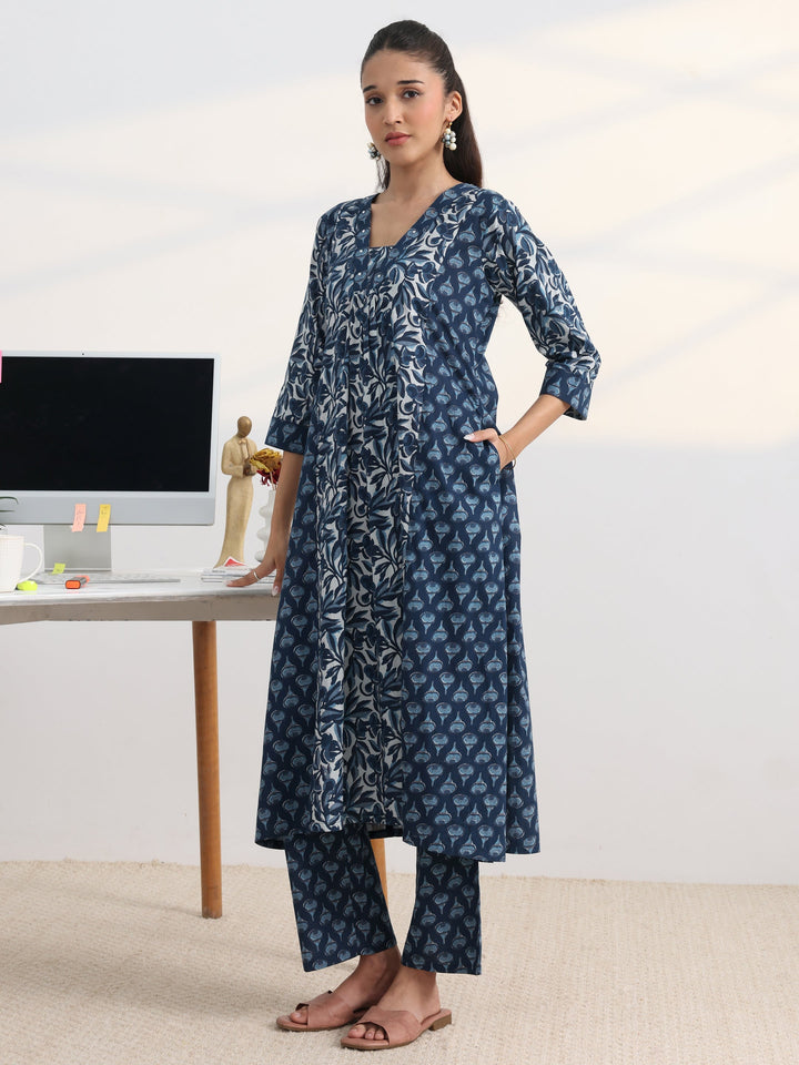 Blue Floral Printed Cotton Blend A-Line Suit Set With Dupatta