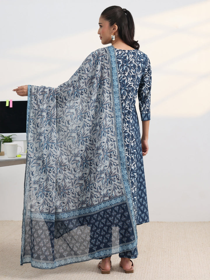 Blue Floral Printed Cotton Blend A-Line Suit Set With Dupatta