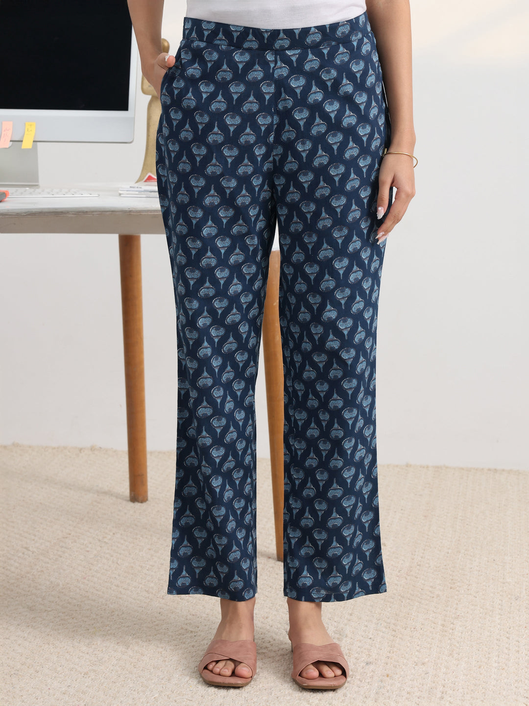 Blue Floral Printed Cotton Blend A-Line Suit Set With Dupatta