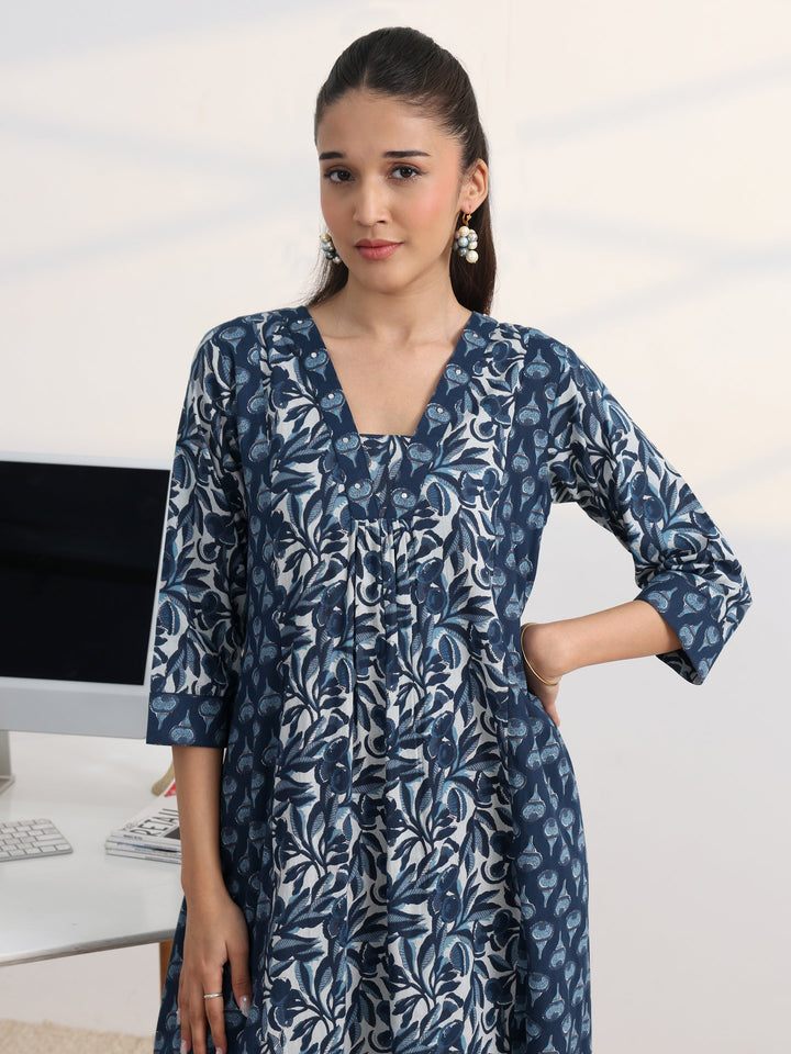 Blue Floral Printed Cotton Blend A-Line Suit Set With Dupatta