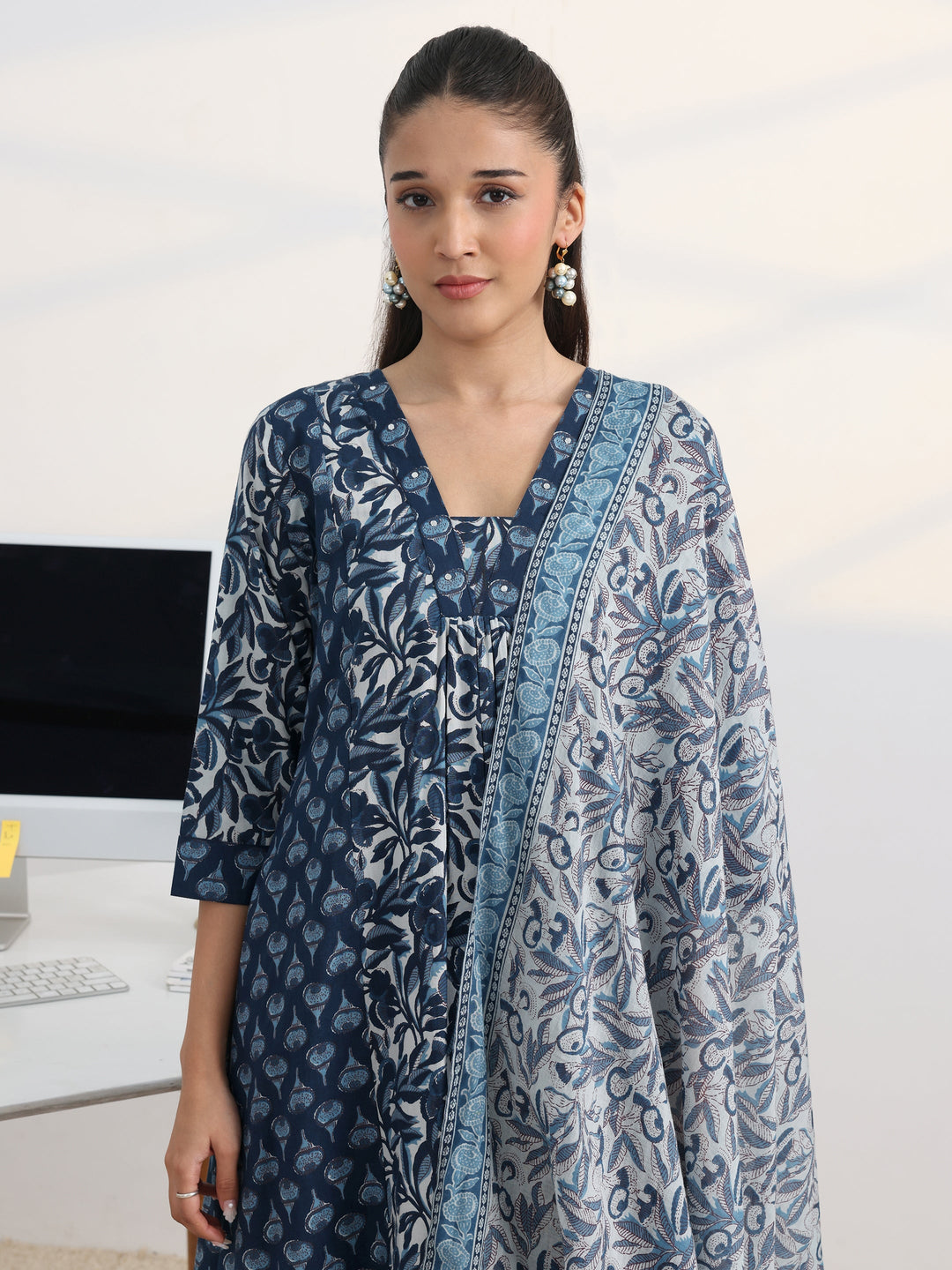 Blue Floral Printed Cotton Blend A-Line Suit Set With Dupatta