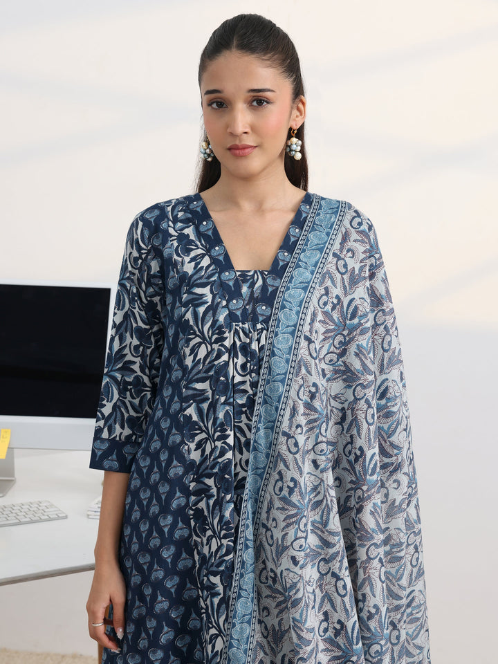 Blue Floral Printed Cotton Blend A-Line Suit Set With Dupatta