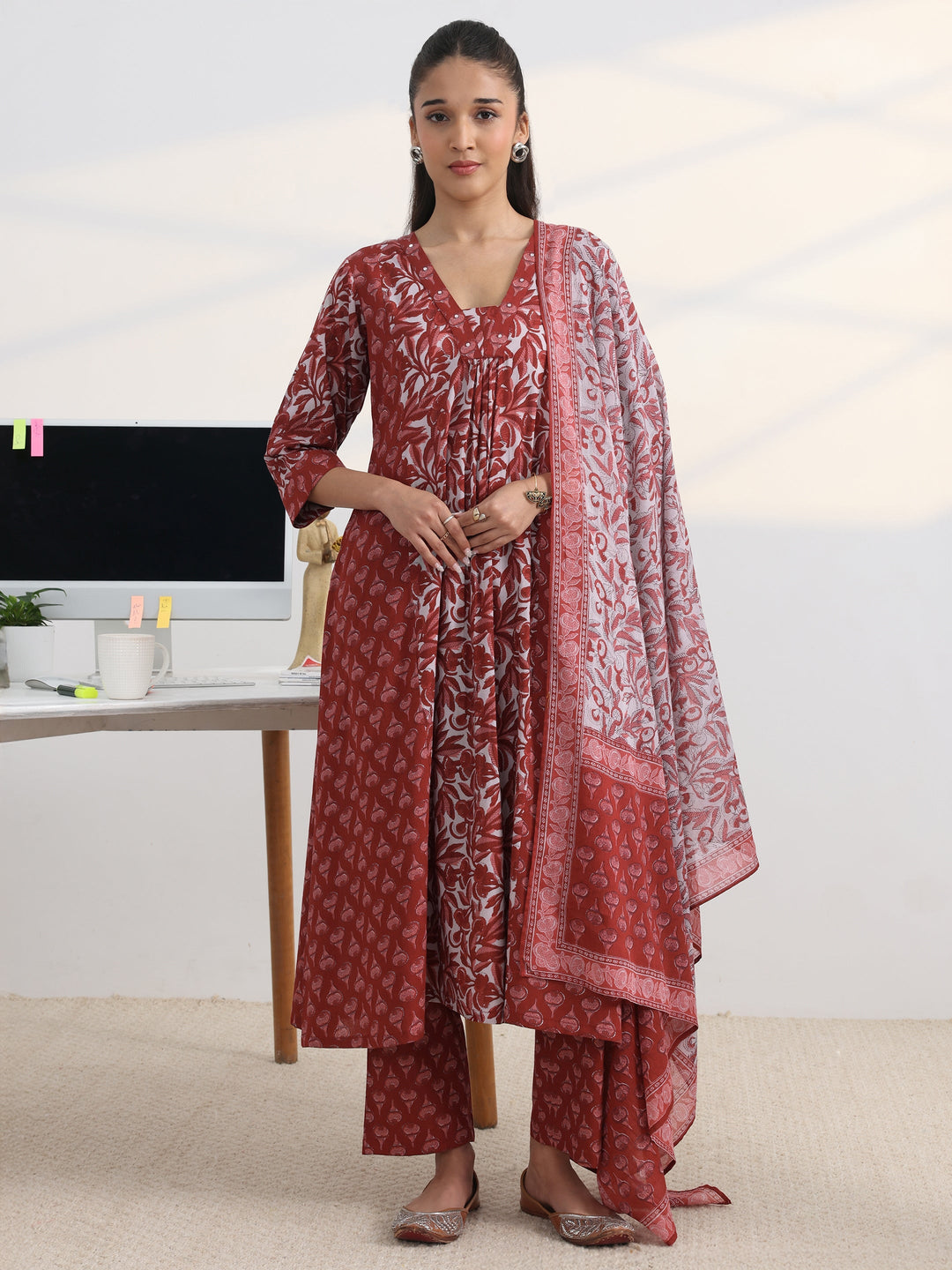 Rust Floral Printed Cotton Blend A-Line Suit Set With Dupatta