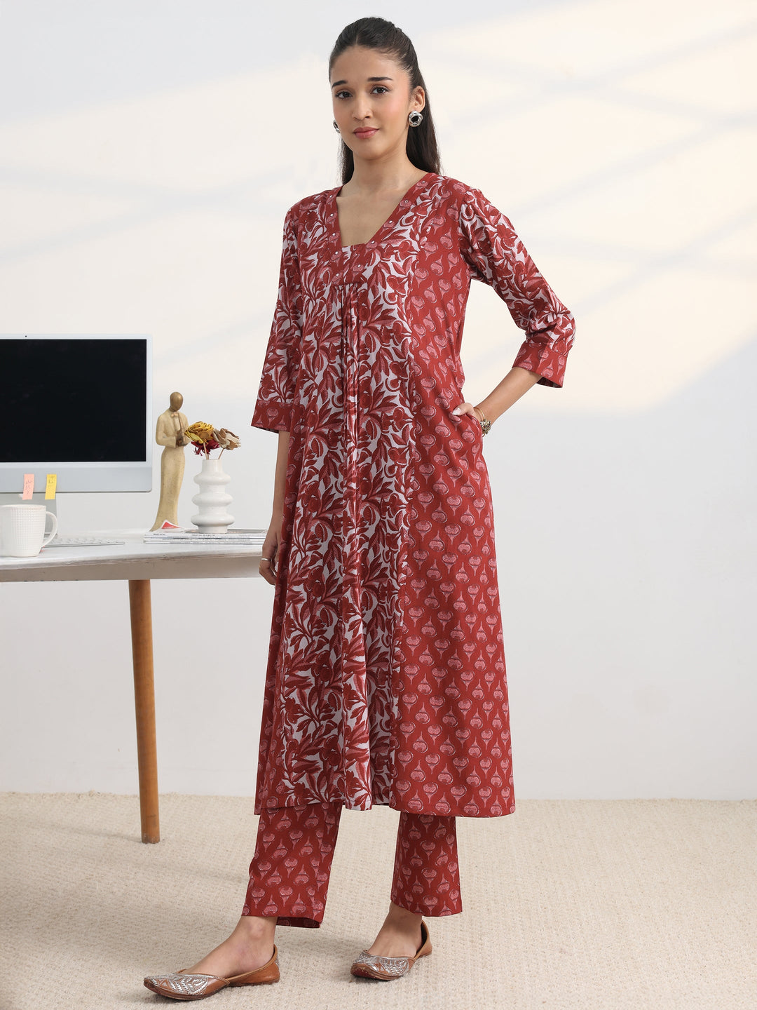 Rust Floral Printed Cotton Blend A-Line Suit Set With Dupatta