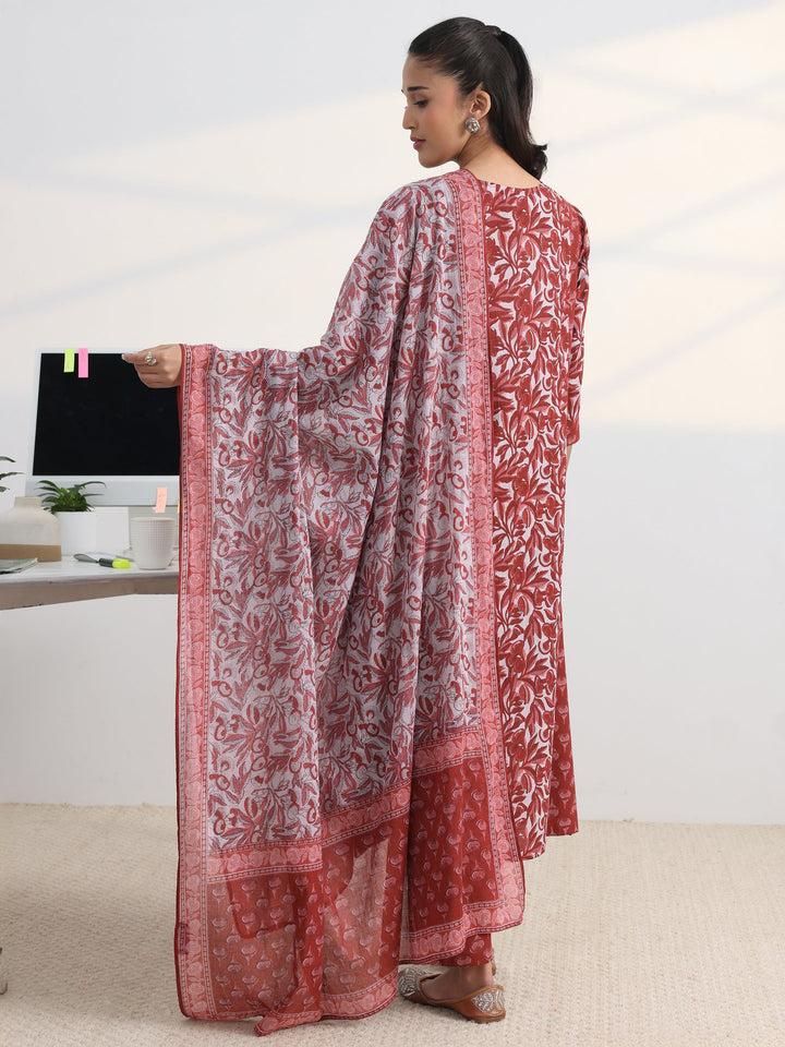 Rust Floral Printed Cotton Blend A-Line Suit Set With Dupatta