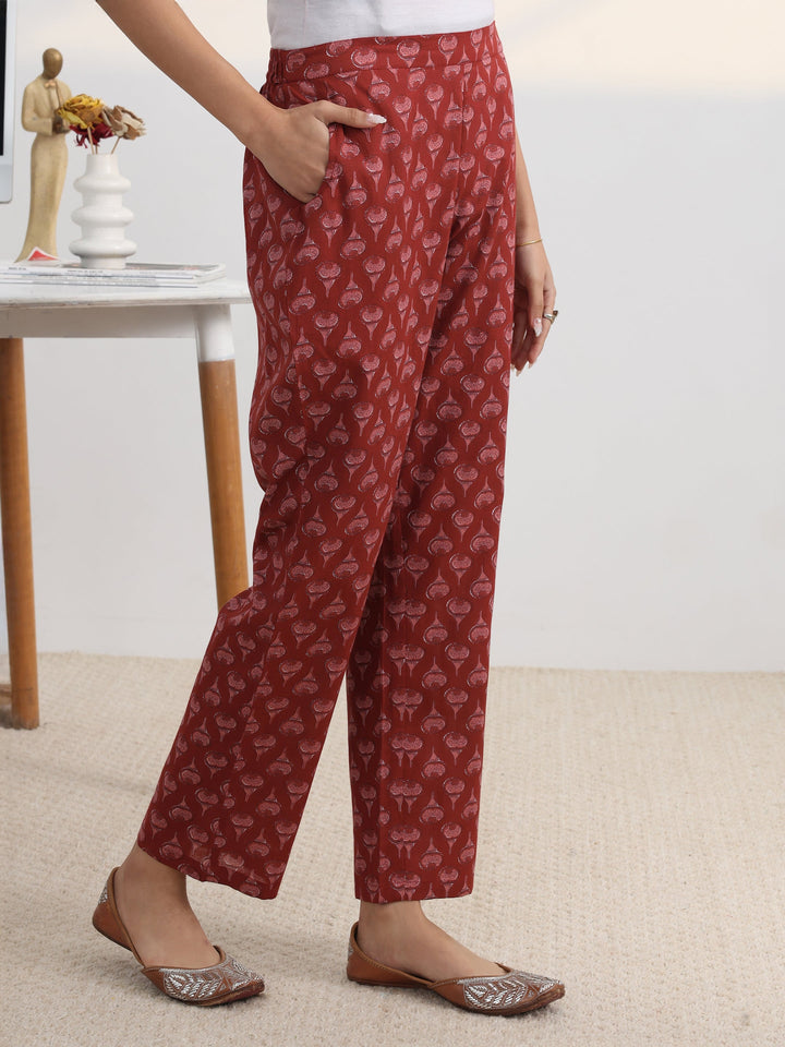 Rust Floral Printed Cotton Blend A-Line Suit Set With Dupatta