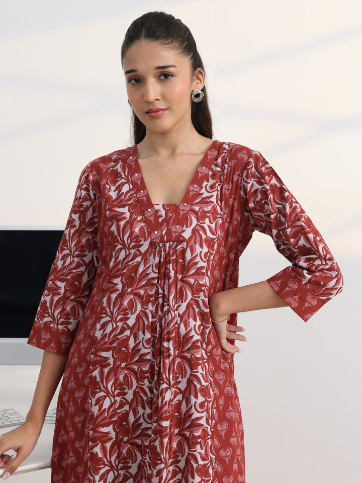Rust Floral Printed Cotton Blend A-Line Suit Set With Dupatta