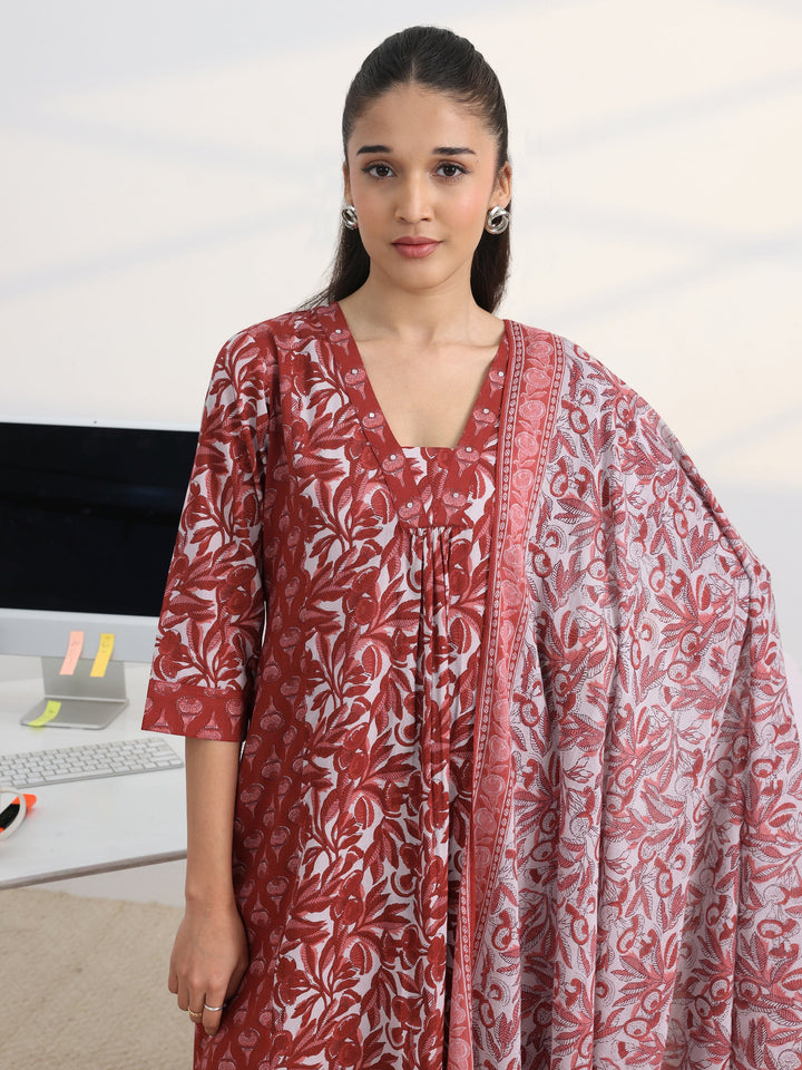Rust Floral Printed Cotton Blend A-Line Suit Set With Dupatta