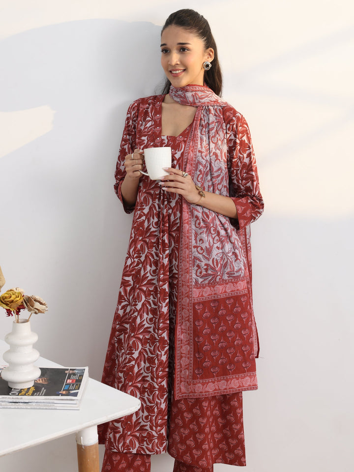 Rust Floral Printed Cotton Blend A-Line Suit Set With Dupatta